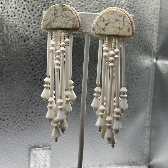 VTG Clip-On Earrings w/ White Marble & Sparkly Stone Beads Long Chandeliar - Picture 3 of 10